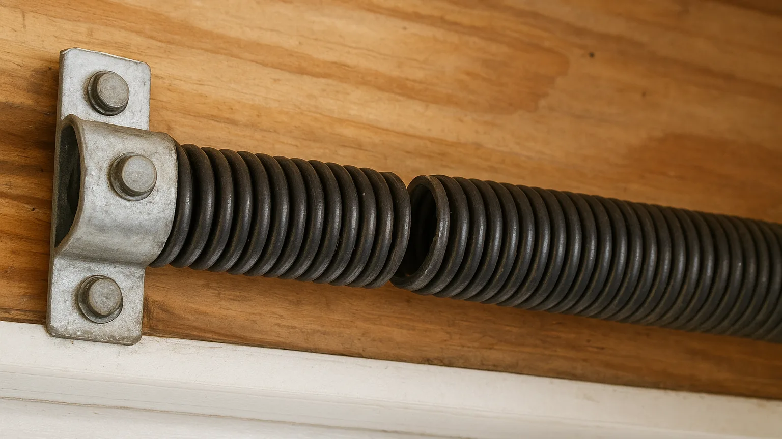 Close-up of a garage door torsion spring above the frame, showing a visible gap or break in the coil against the mounting bracket and header.