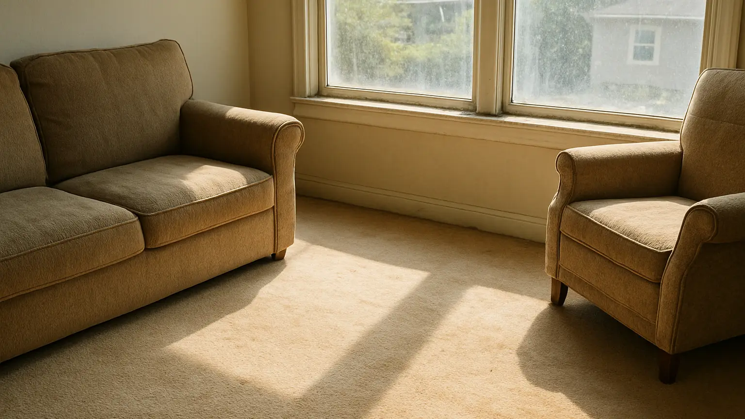 Interior view of a west-facing living room window with visible sun damage: bleached carpet stripe, faded furniture, and dust accumulation on the windowsill and glass.