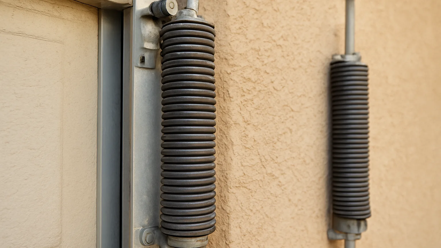 Close-up of a single torsion spring mounted on a garage door frame, with a second identical spring visible beside it, both against desert stucco wall.